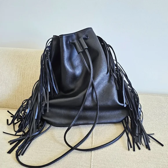 Victoria's Secret Black Vegan Leather Fringe Backpack Handbag Shoulder Bag NWT - Picture 7 of 15